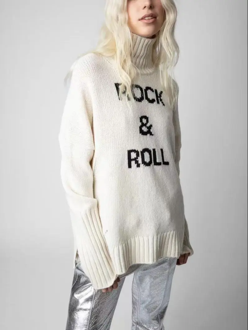 100% Кашемировый свитер с высоким воротом, женский Джемпер с разрезом по низу и буквами, женский джемпер с длинным рукавом, 2 цвета, Осень-зима 2022