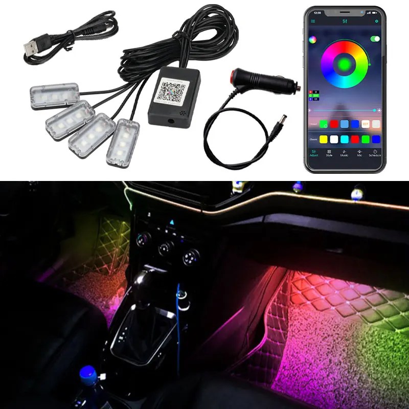 4 В 1 RGB LED Symphony Foot Light с Сигаретой /USB Беспроводным Управлением Приложением Декоративный Атмосферный Свет В Салоне Автомобиля Окружающий Светильник