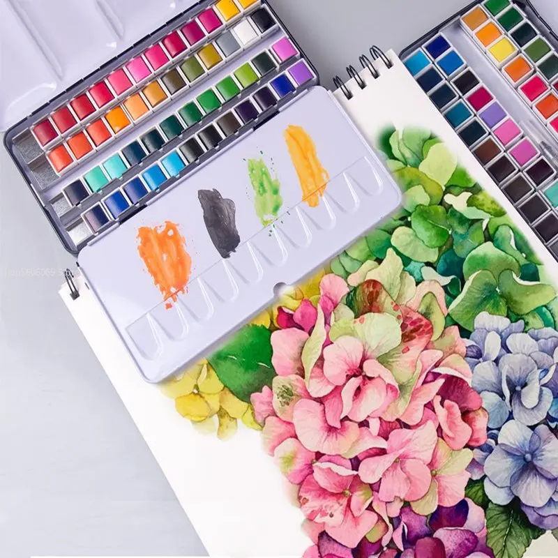 48 Цветов, набор однотонных акварельных красок, Студенческая ручка для рисования, акварельная бумага, Портативная железная коробка Для смешивания цветов, концентрированный пигмент