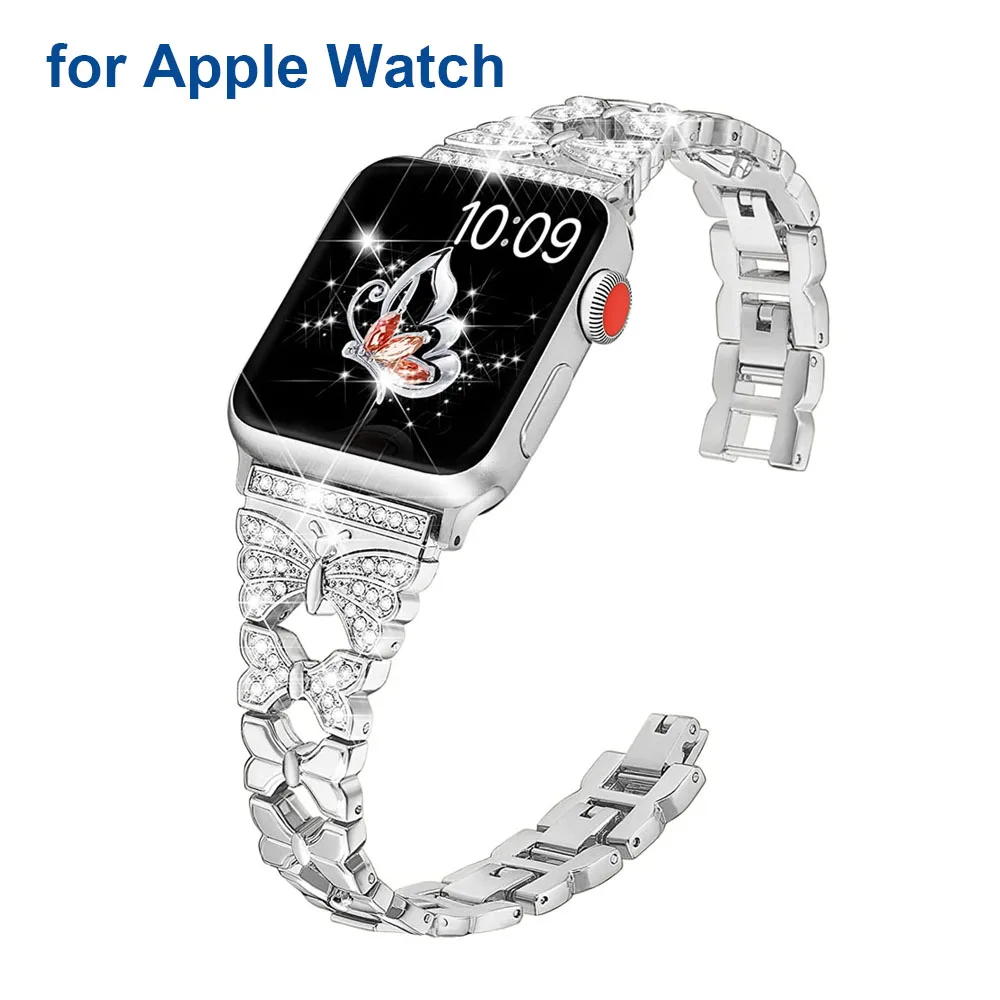 Браслет-Бабочка для Apple Watch Band iWatch 7 SE 6 5 4 3 Легко Регулируемые Женские Украшения С Побрякушками Новый Ремешок Для Часов Металлический Серебристый