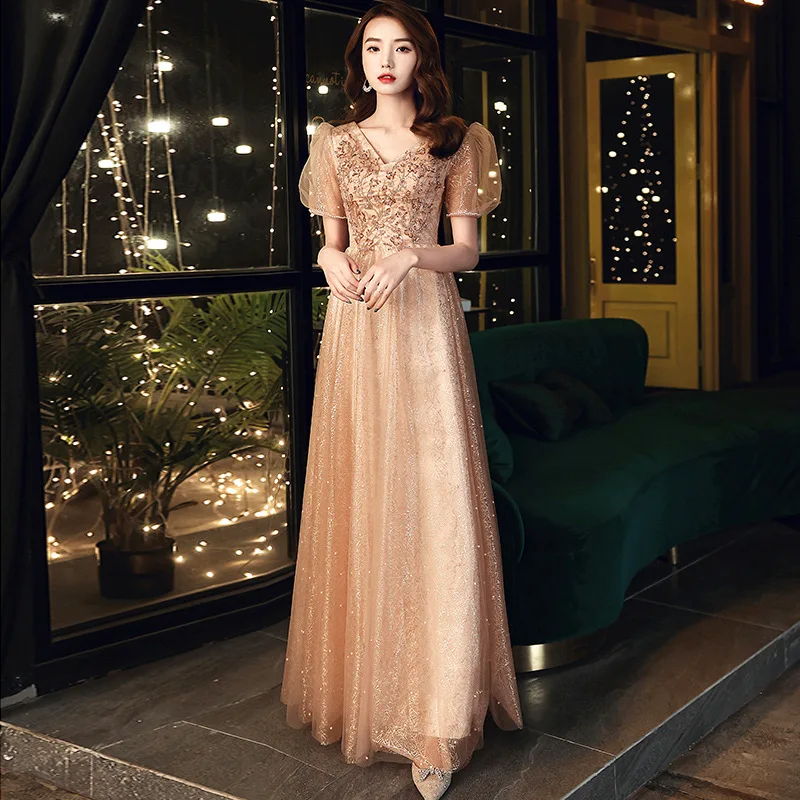 Вечернее платье женское 2020 Осеннее новое банкетное темпераментное золотое ведущее Популярное платье невесты Field Queen Pearl