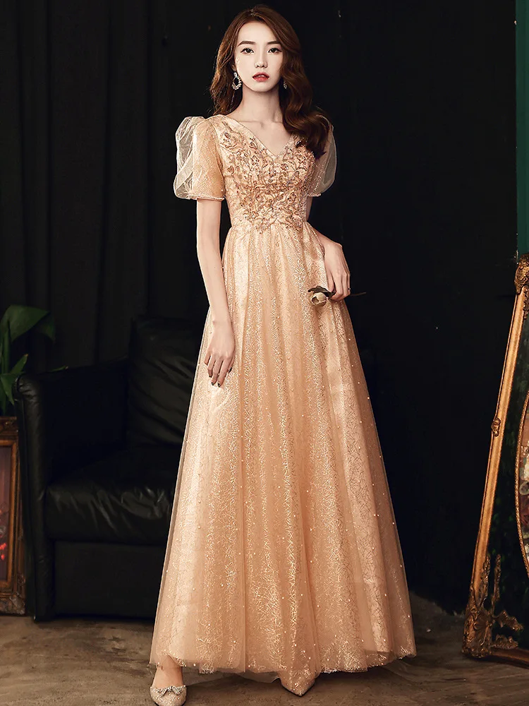 Вечернее платье женское 2020 Осеннее новое банкетное темпераментное золотое ведущее Популярное платье невесты Field Queen Pearl
