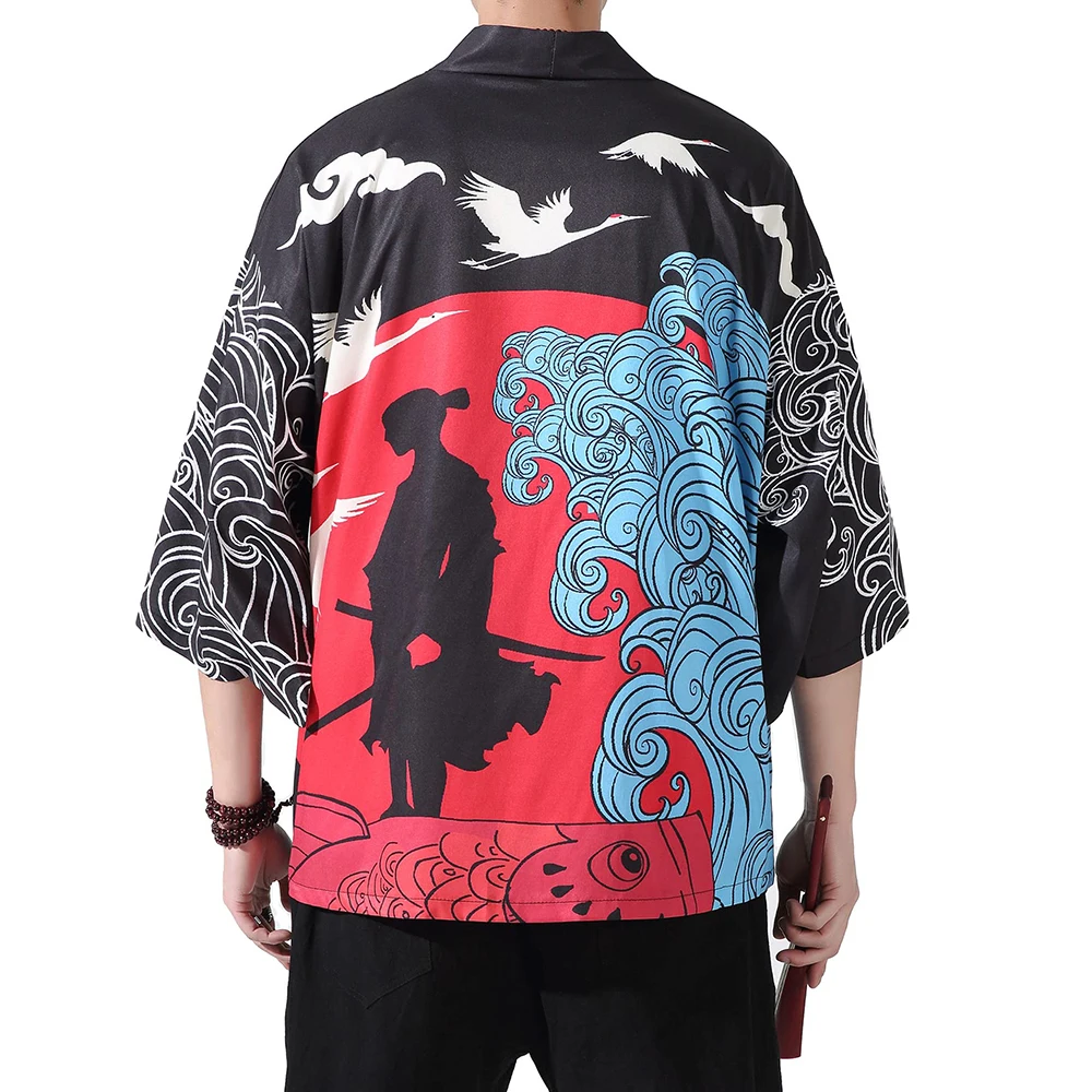 Домашнее традиционное кимоно с принтом Сендуру, мужской Летний Черный кардиган, рубашка для косплея, Японское кимоно самурая Харадзюку, Японская одежда