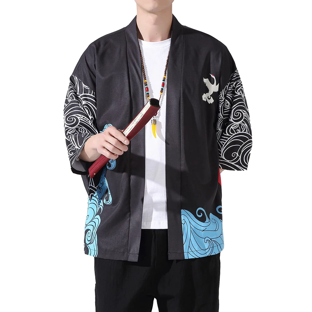 Домашнее традиционное кимоно с принтом Сендуру, мужской Летний Черный кардиган, рубашка для косплея, Японское кимоно самурая Харадзюку, Японская одежда