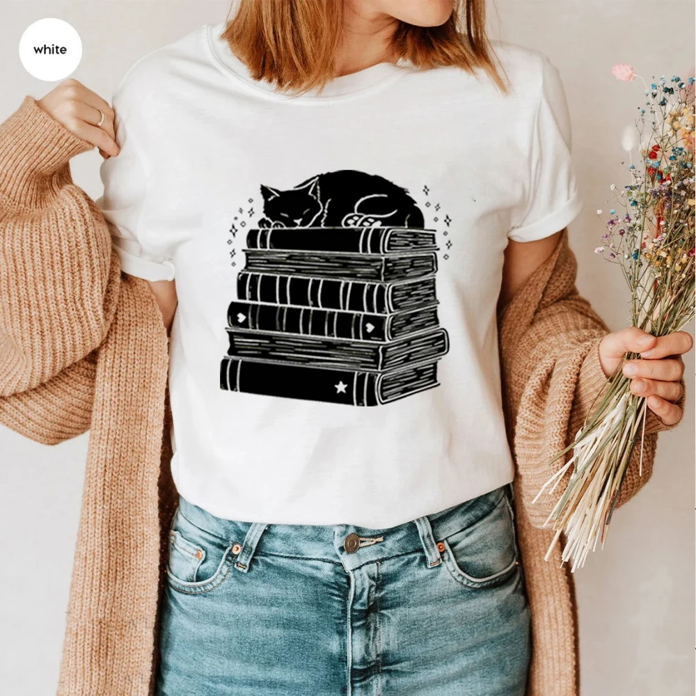 Книжная рубашка, футболка с котом, спящим на книгах, рубашка с ленивым котом, Рубашки с милыми кошками, Футболка с кошачьей леди, летние модные повседневные топы унисекс