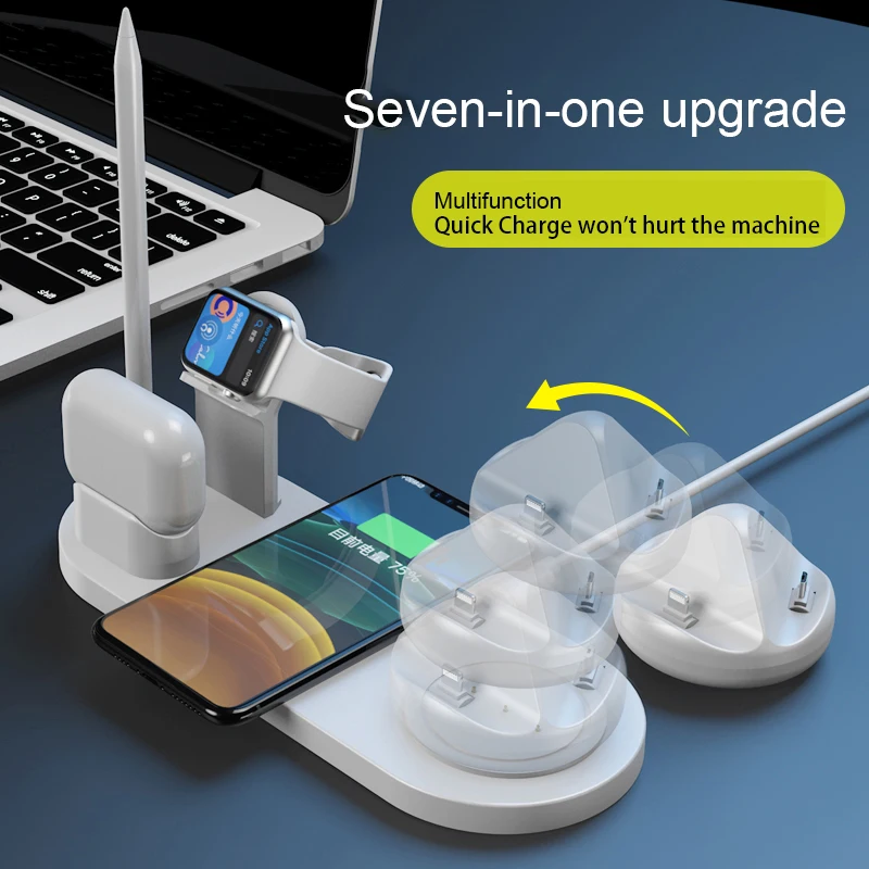 Портативное Быстрое Беспроводное Зарядное Устройство 7 в 1 Qi Charging Dock Mobile Для iPhone 12 11 Pro XS MAX XR X 8 Apple iWatch SE 6 5 4 3 AirPods