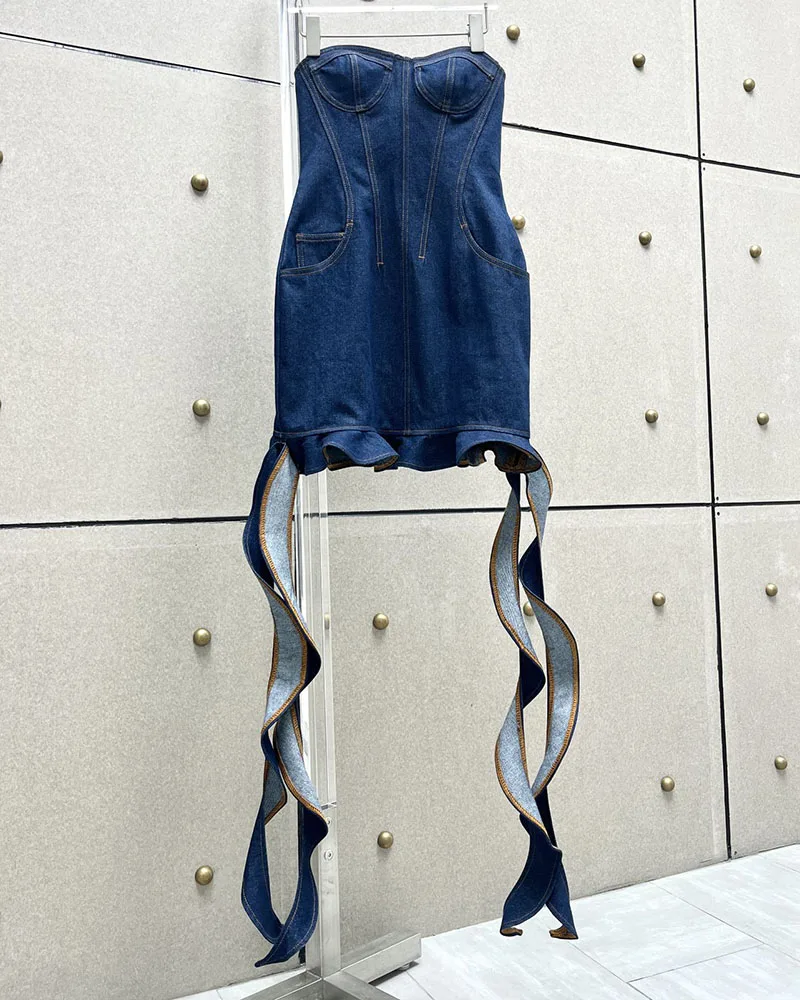 Сексуальное вечернее платье без бретелек 2023, Новая летняя джинсовая женская одежда, модное мини-платье-футляр без рукавов на молнии с оборками