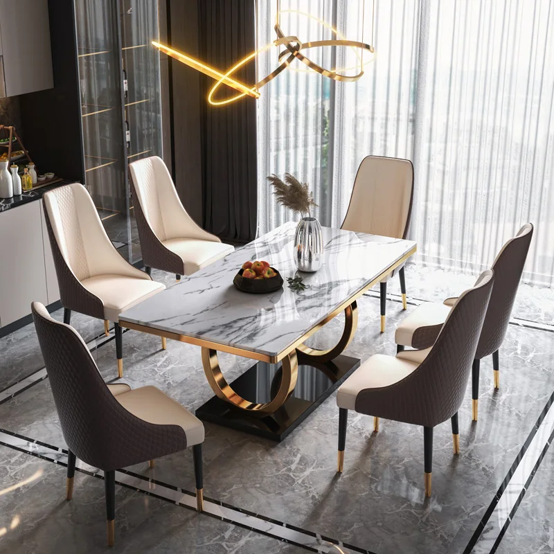 Современный минималистичный обеденный стол и сочетание стула Скандинавский прямоугольный обеденный стол Светлый роскошный мраморный обеденный стол
