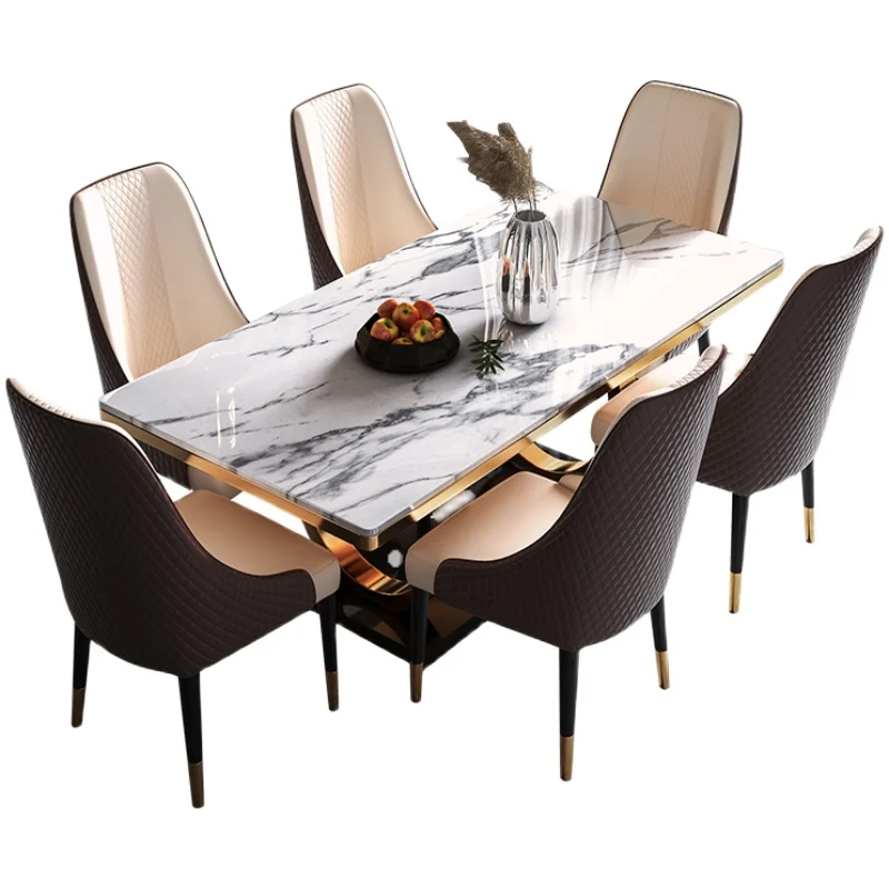 Современный минималистичный обеденный стол и сочетание стула Скандинавский прямоугольный обеденный стол Светлый роскошный мраморный обеденный стол