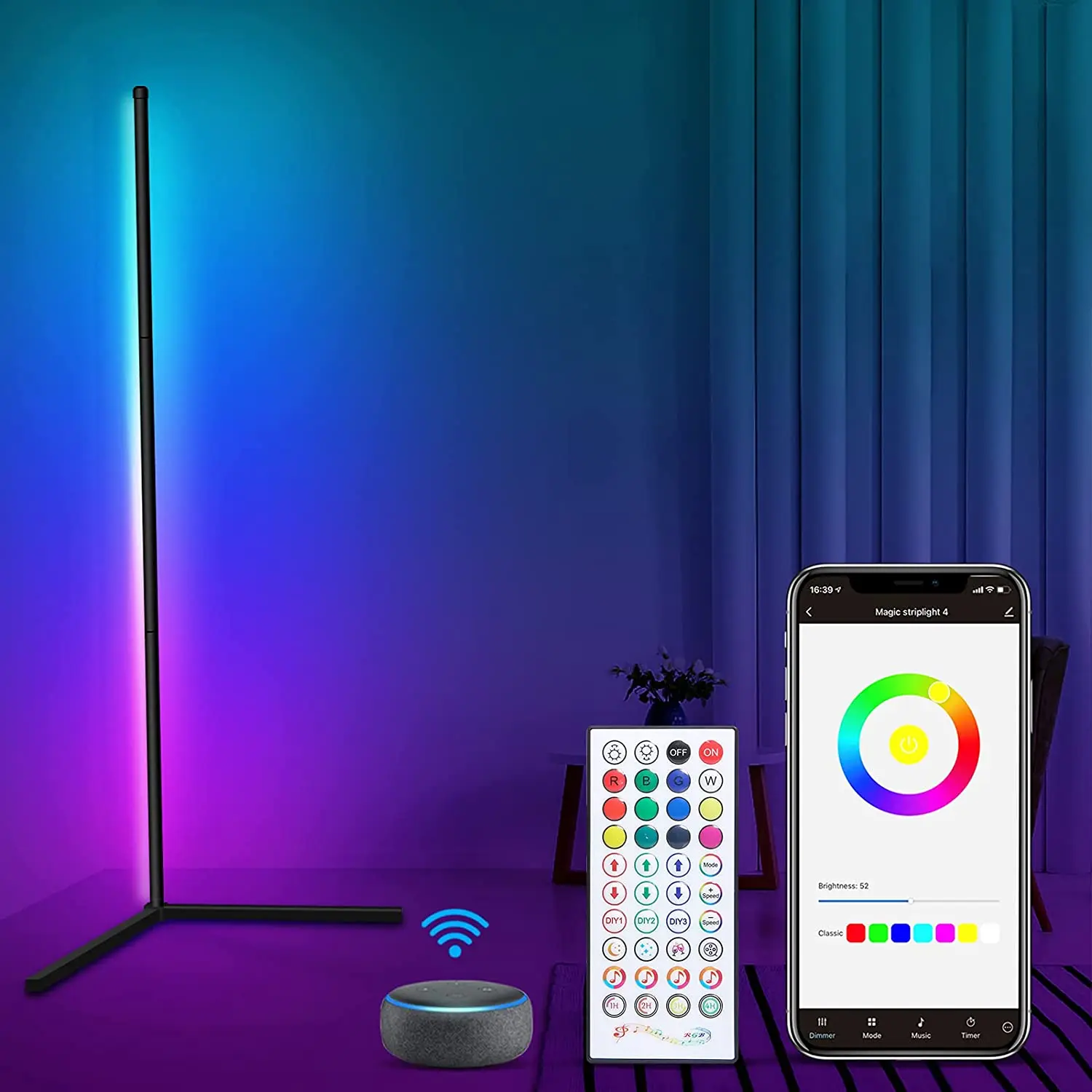 Угловой торшер, красочный, меняющий настроение, современный светодиодный угловой светильник, совместимый с Alexa Google Home, освещение для внутренней спальни